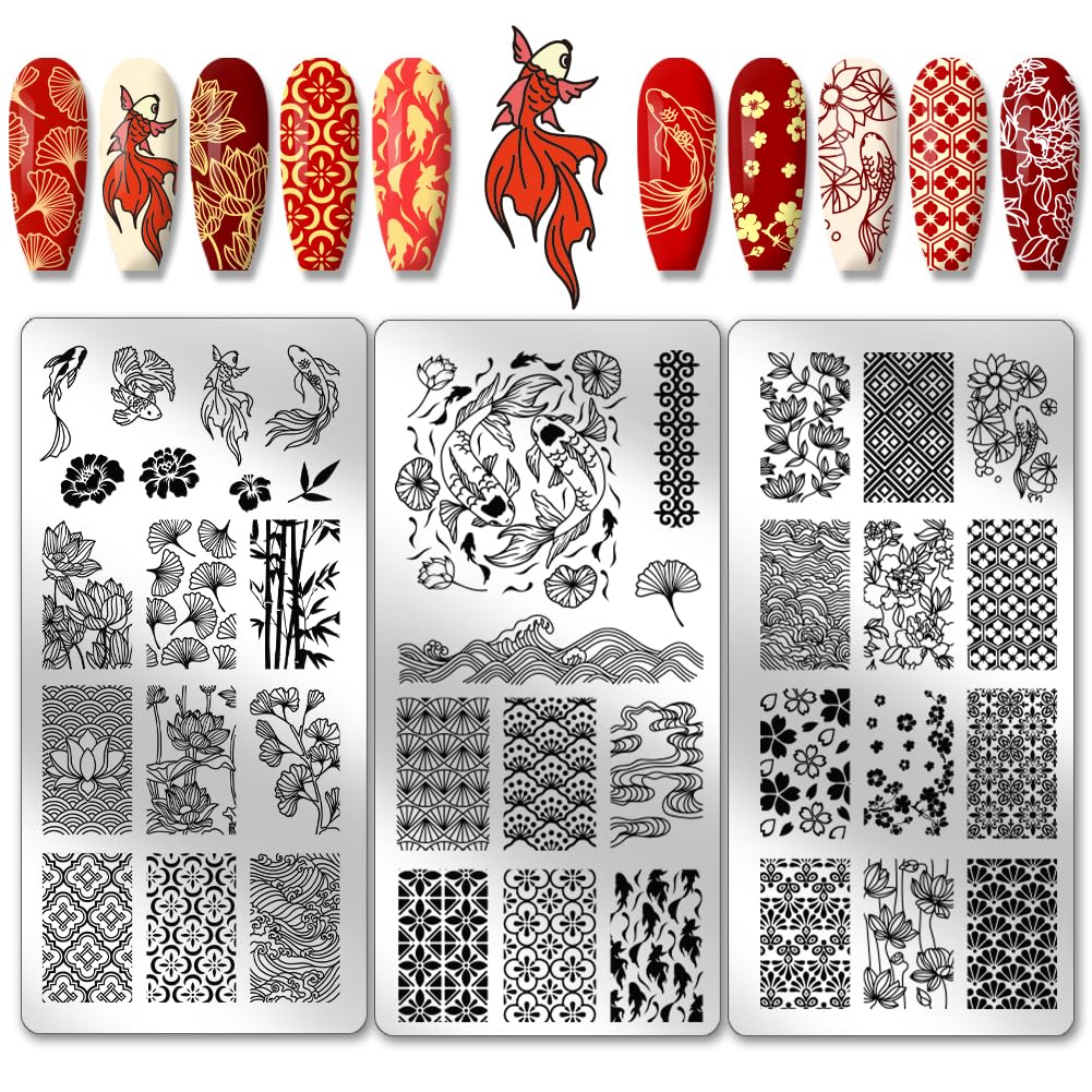 PH PandaHall 3pcs Koi Nagel Stamping Platten, East Lotus Nail Stamper Plum Bossom Nail Art Stencils Druck Nagelschablonen Edelstahl Nagelbildplatte für Nail Art Design Maniküre Salon