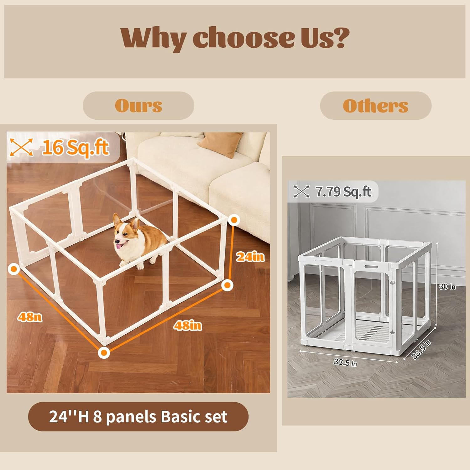FlexiSpace Adjustable Clear Dog Play Pen, Expandable & Stackable Acrylic Dog Playpen, ONLY Dog Play Pen Indoors Grow with Your Pet Puppy Playpen (24”H, 8 Panels)