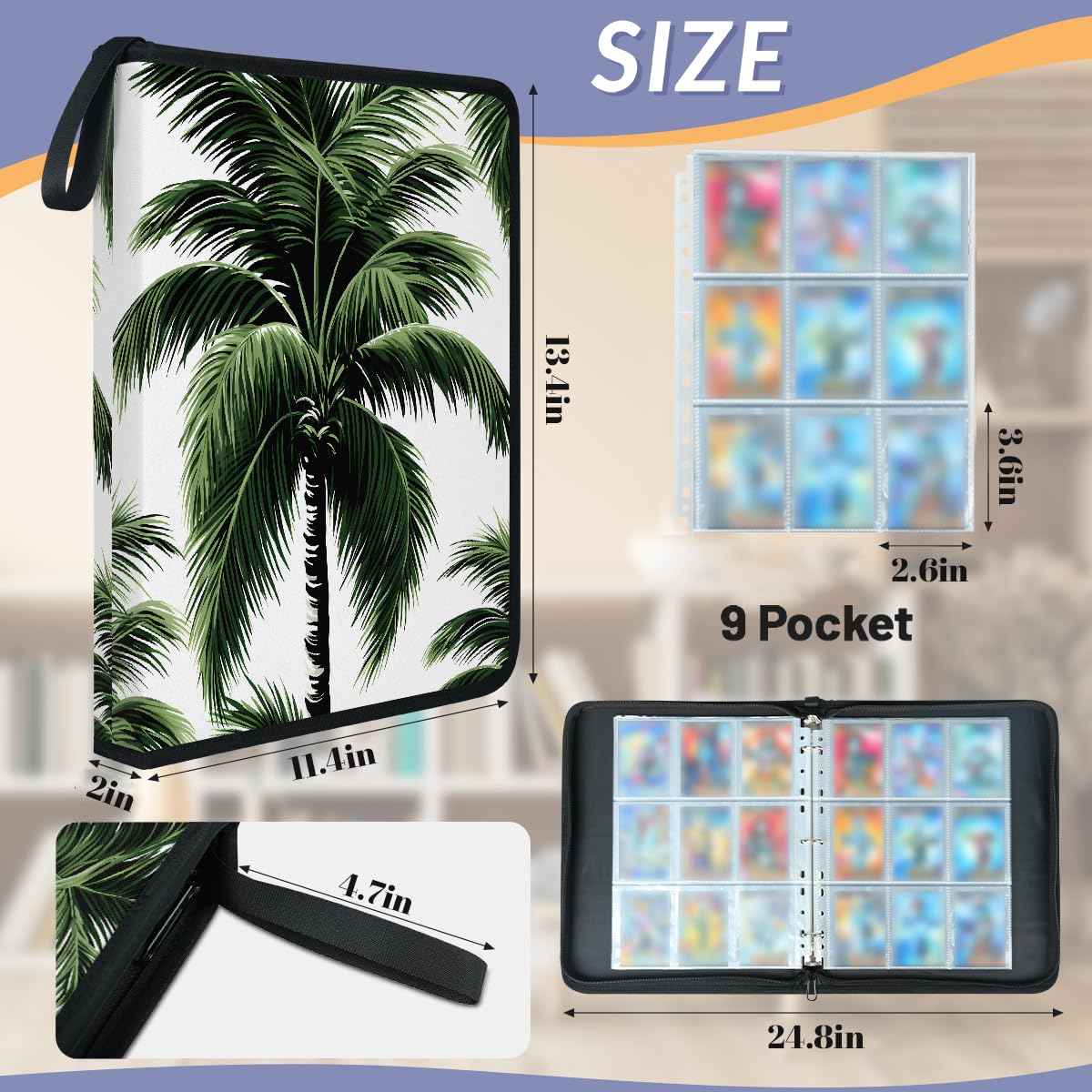 Raccoglitore per carte con 9 tasche, 900 tasche, con chiusura a cerniera (sfondo bianco palma)