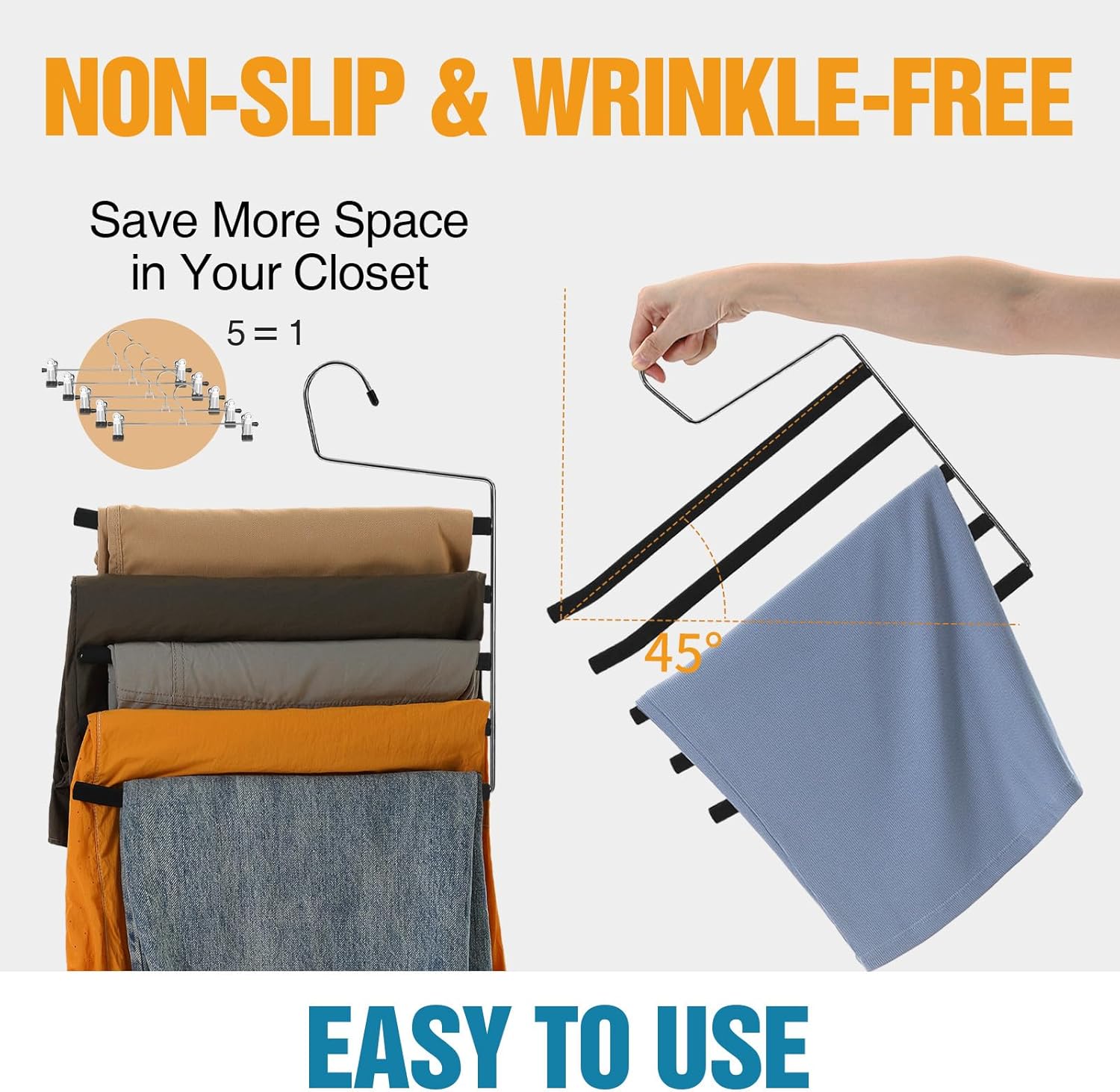 マルチレイヤー 省スペース ノンスリップ ティアードフォーム パッド入り しわなし パンツハンガー 5段 スチール オープンエンド