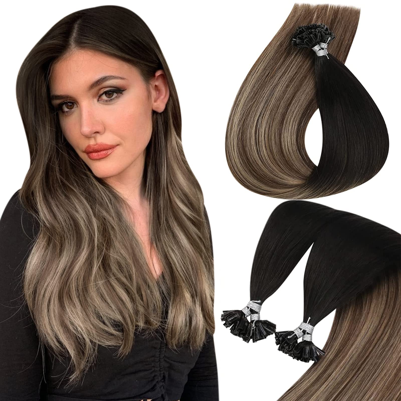 Sunny Black U Tip Hair Extensions Human Hair Black Ombre Dark Brown Balayage Ash Blonde Utips Hair Extensions Real Human Hair Keratin Utips Hair ...