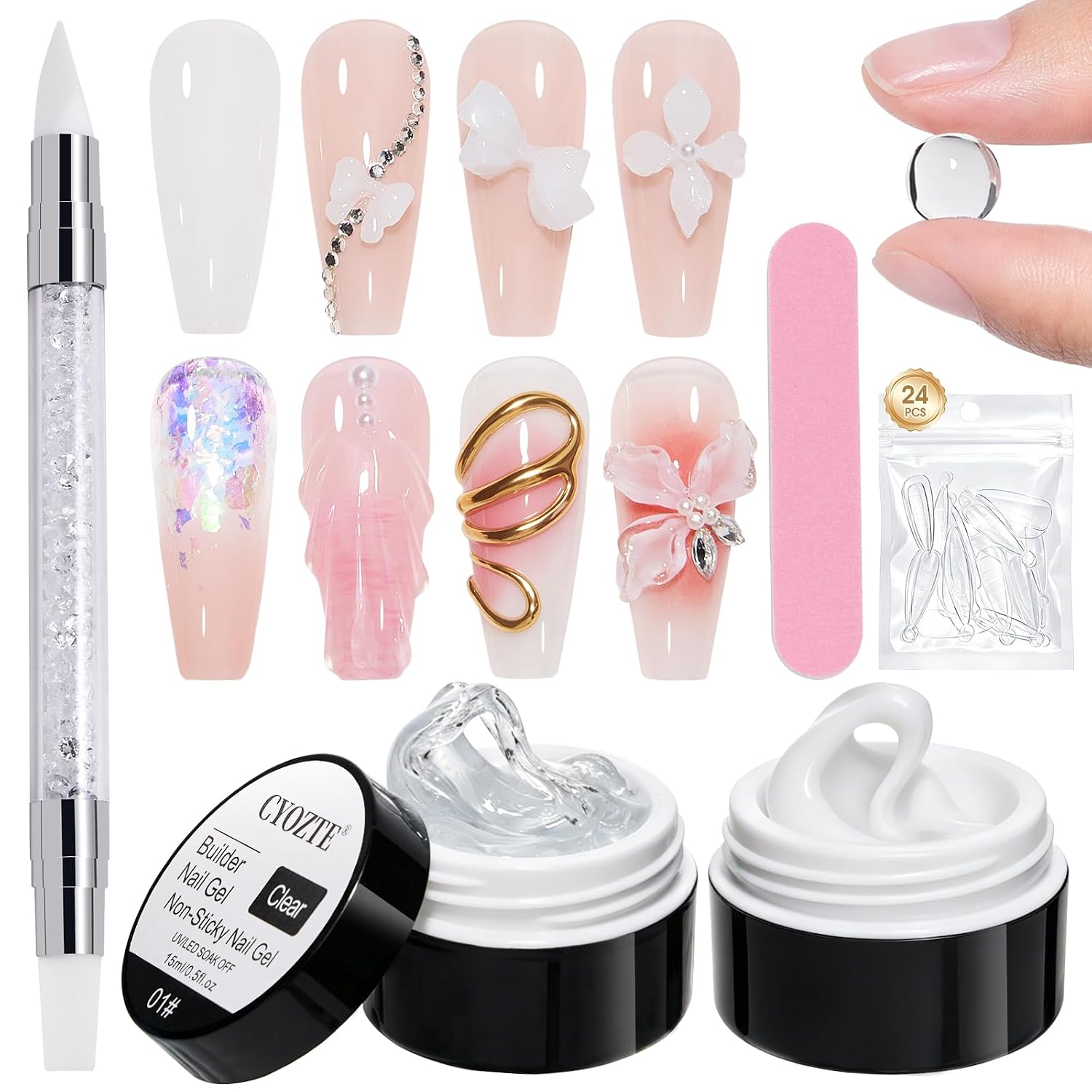 2PCS Solid Builder Gel Kit, Clear and White 3D Sculpting Gel Non-Sticky Hand Carving Gels with Silicone Pen Hard Gels for Nails Molding 3D Flowers Nail Design Manicure-15G/0.5fl.oz