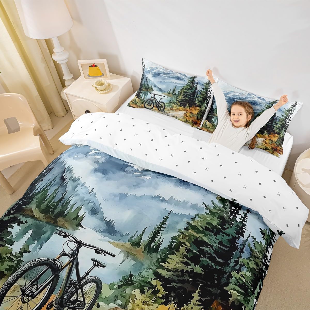 Castle Fairy Cycling Oil Print Duvet Cover Twin Size,Boys Men Racer Bike 2 Pcs Quilt Cover(No Filler),Natural Mountain Landscape Bedding Set with 1 Pillowcase,Cycle Sport Kids Room Decor