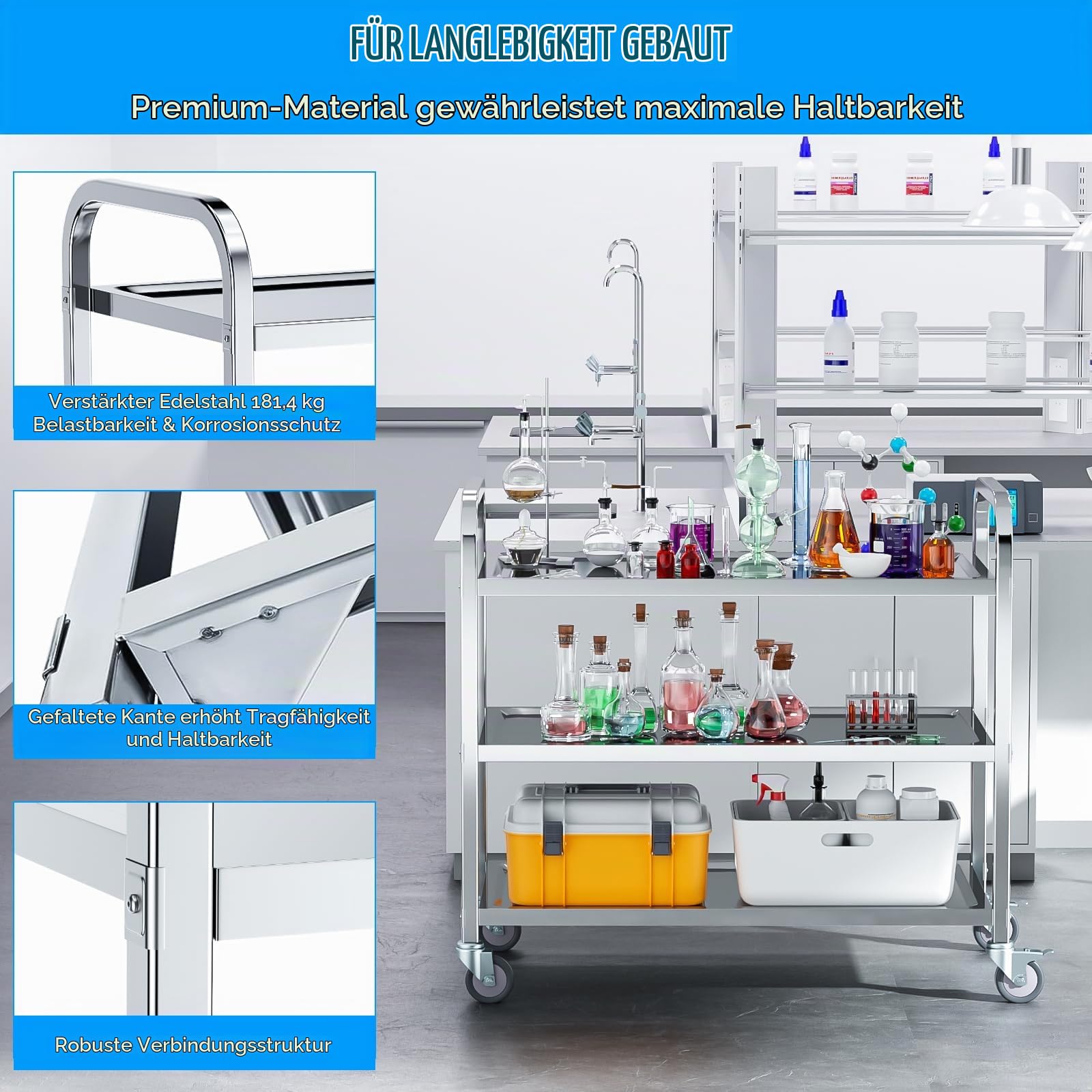 VELPAX 3-stufiger Catering Servierwagen, Edelstahl Küchen-Esswagen 75x40x83,5 cm, geräuschlos rollend für klinische Lagerung Küche Hotel Schönheitssalon