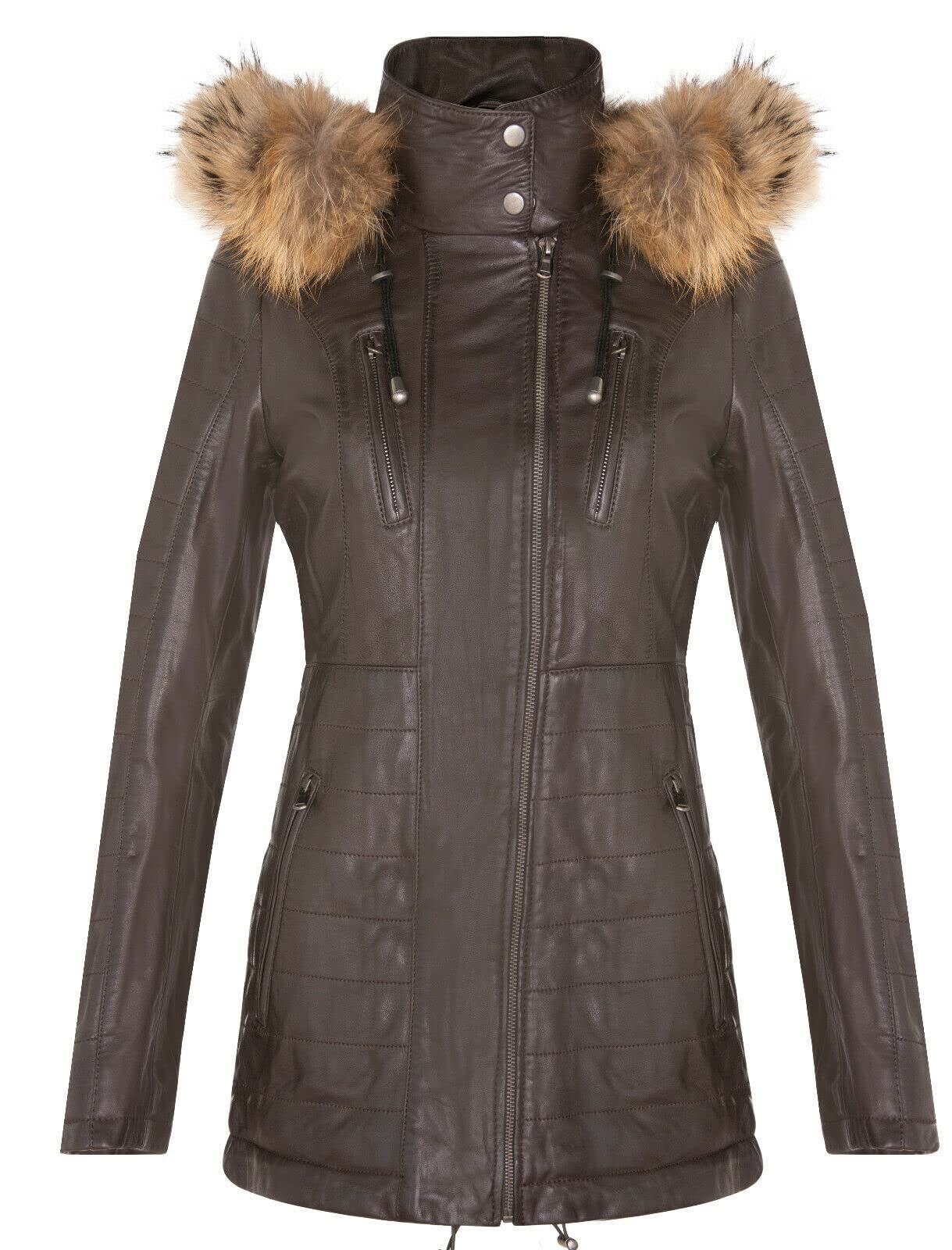 Women's Brown Leather Parka Jacket Quilted Detachable Hooded Trench Coat XL