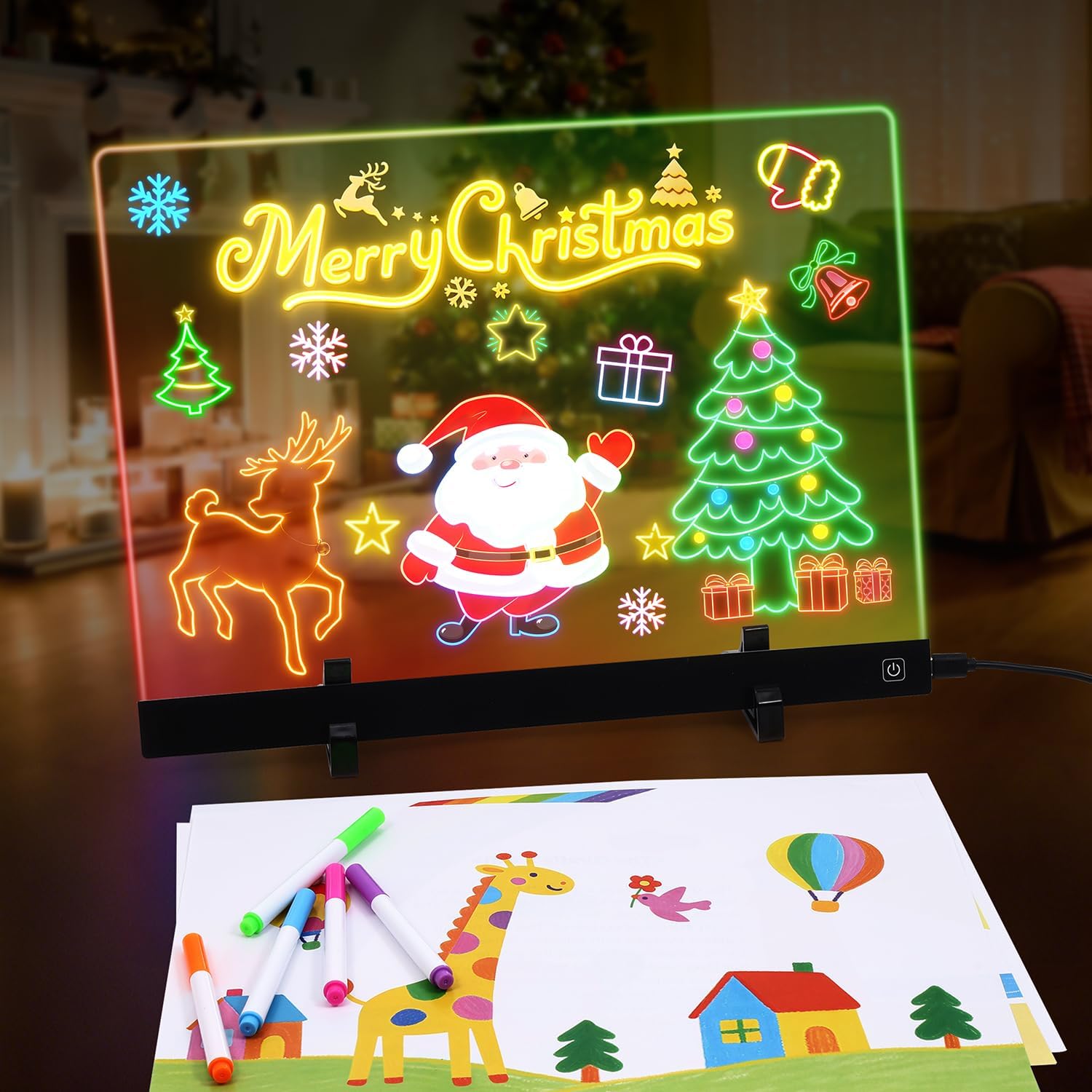 AMIR LED Note Board with Colors, 13.7“x10” LED Drawing Board Acrylic Dry Erase Board with 4 Light Colors, Brightness Adjustment, Stand, 7 Markers, 5 Copy Drawings Message Board for Home or Decor