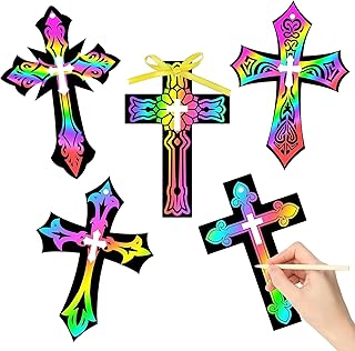 BeYumi 90Pcs Scratch Cross Ornaments DIY Magic Rainbow Color Scratch Cards Paper Art Party Favors Sunday School Classroom Decor Supplies Crafts Kit Religious Christian Birthday Gifts for Kids