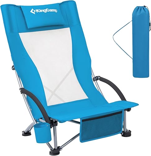 KingCamp Silla de playa con soporte para tazas, silla de camping plegable con bolsa de transporte, silla ligera de respaldo alto para adultos, silla