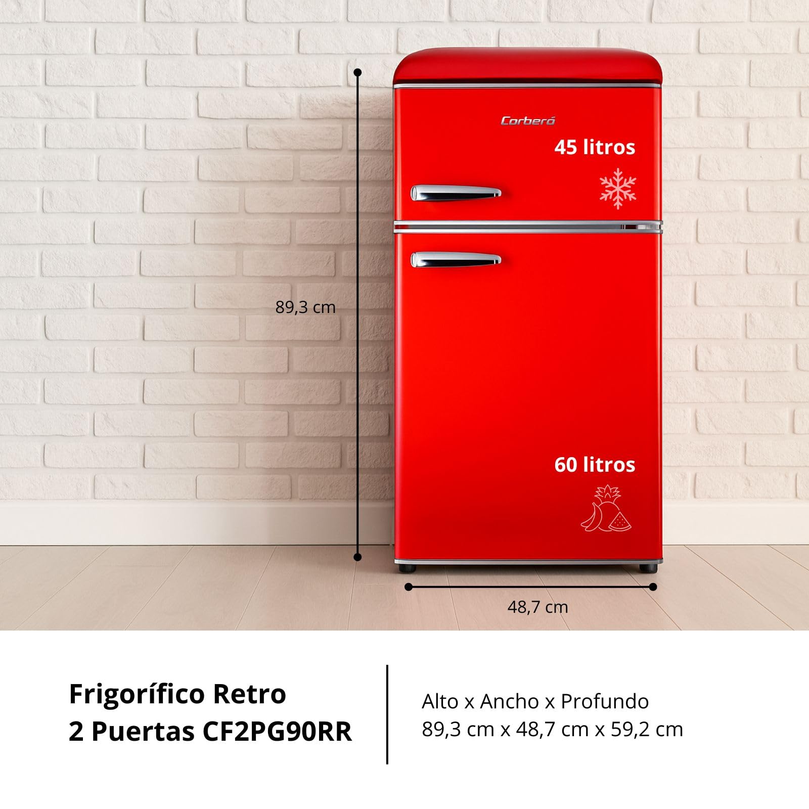 Corberó – lodówka retro statyczna, CF2PG90RR, 89 x 48 x 51 cm, pojemność 86 l, zamrażarka 26 l, 37 dB, światło wewnętrzne, szklane półki, nogi poziomujące, kolor czerwony
