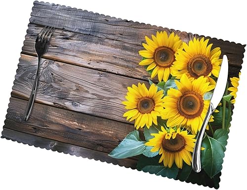 Juego de 6 manteles individuales con patrón de madera de girasoles otoñales, resistentes al calor, lavables, para cocina, comedor y hogar, 12 x 18