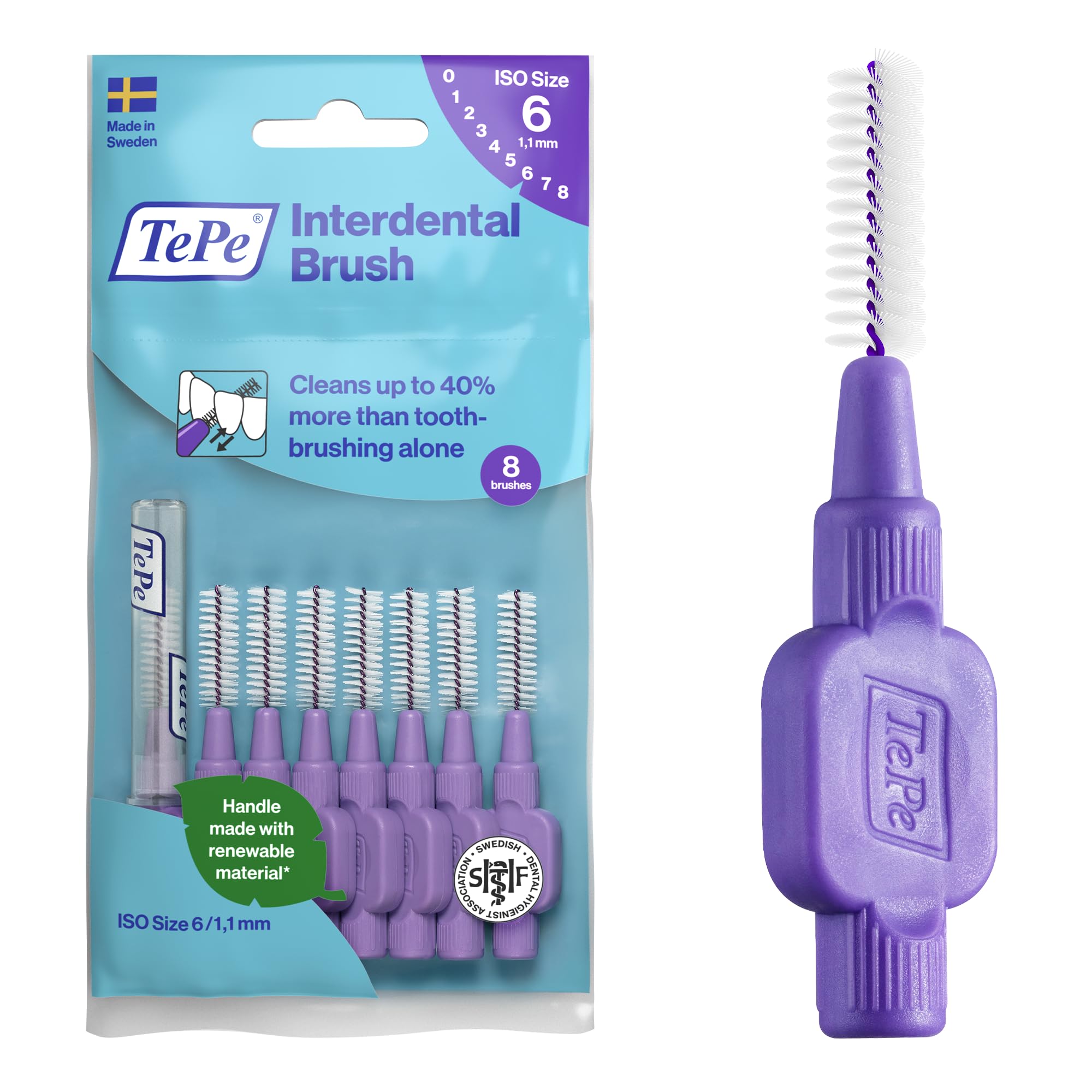 TePe Interdental Brush, Original, Purple, 1.1mm/ISO 6, 8pcs, Plaque Removal, Effective Cleaning Between Teeth, Dental flosser for Large Gaps