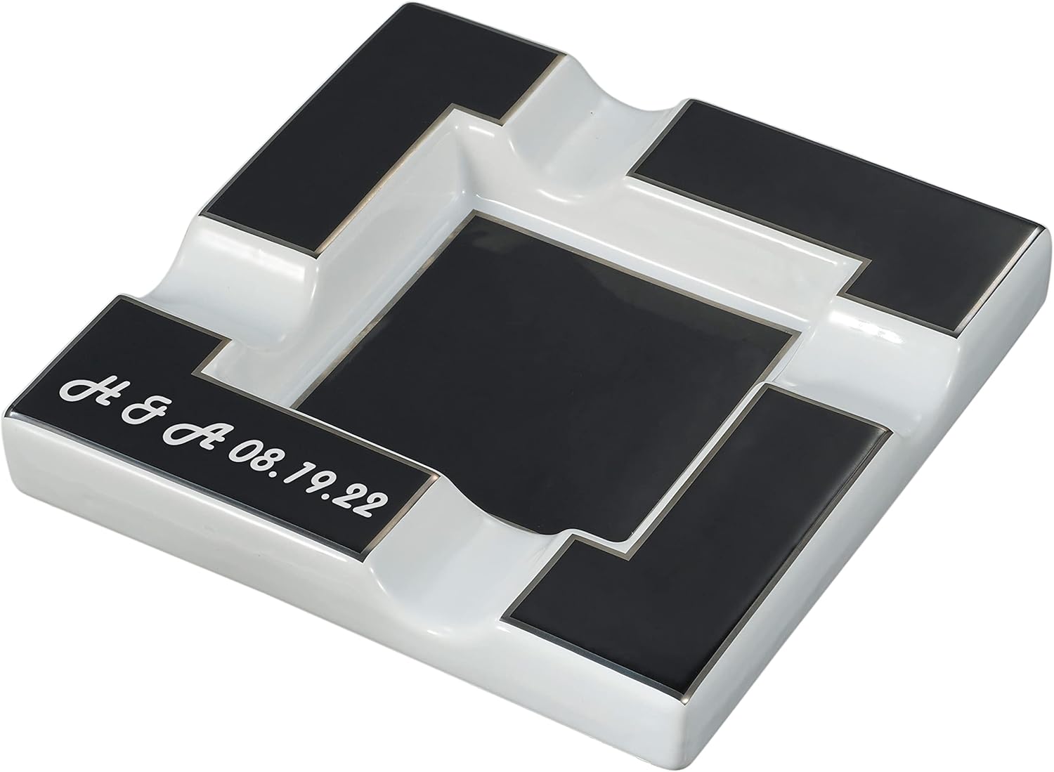 Personalized Visol Renner Black & White Ceramic Cigar Ashtray (Text)