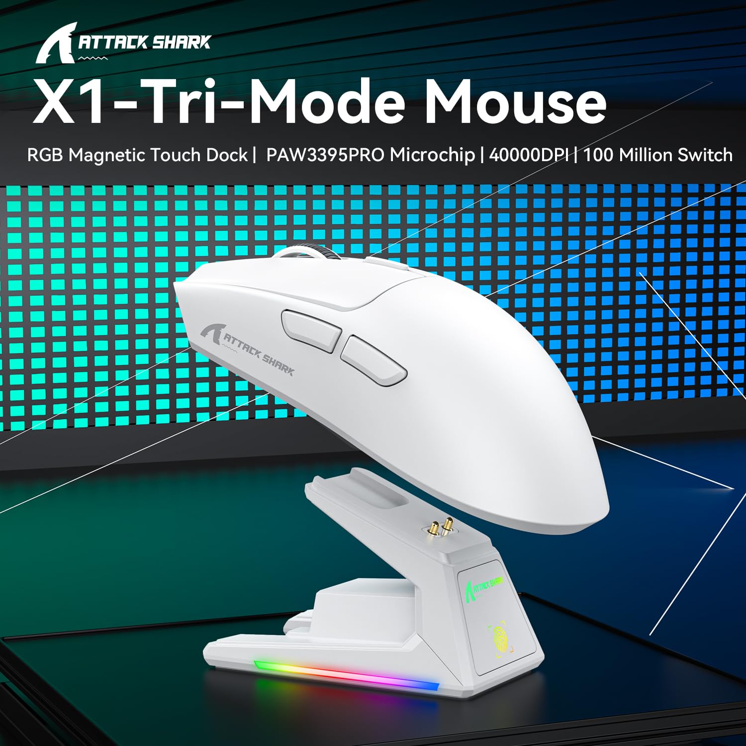 ATTACK SHARK X1 Gaming Mouse with Touchpad RGB Charging Dock, PixArt PAW3395PRO Gaming Sensor, BT/2.4G Wireless/Wired Gaming Mouse, 40000 DPI, 53g Superlight Gamer Mice for Win11/Xbox/PS/Mac (White)