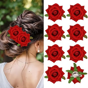 Red Rose Hair Clip for Women Girls, 8 Pcs Fabric Flower Hair Accessories, Wedding Rose Brooch Pins