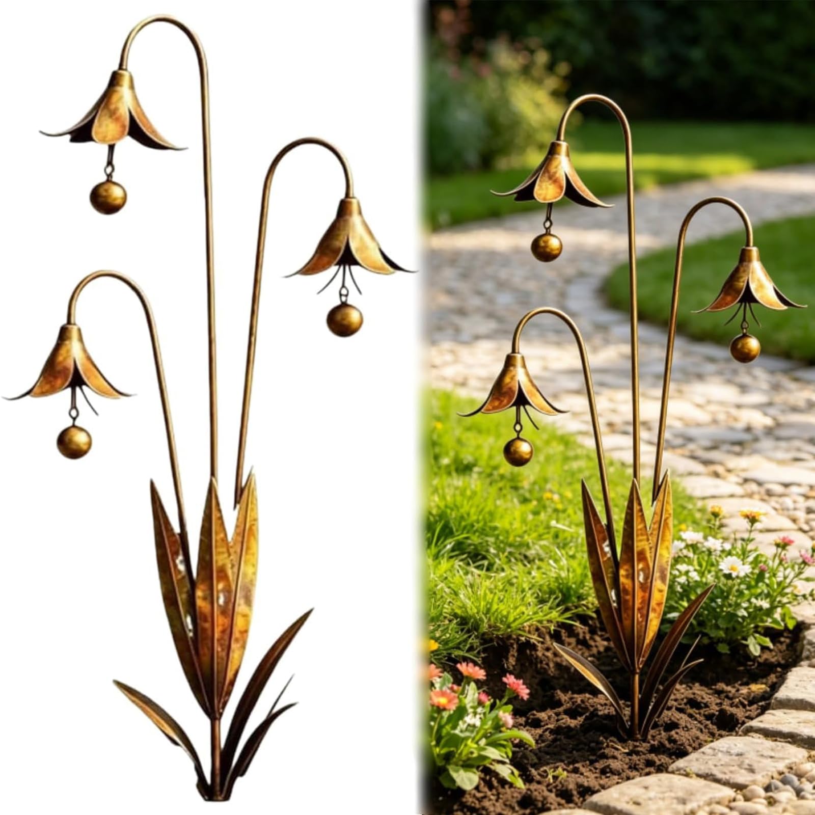 CLBDRESS Triple Bluebells Garden Stake with Bell, Metal Flower Outdoor Sculpture, Durable All-Weather Rustic Handmade Garden Decoration for Walkways, Patios, Lawn