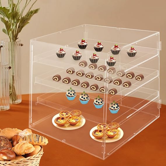 LYNICESHOP Bakery Display Case, 3 Tray Countertop Bakery Display Case Cookie Pastry /Donut Hotel Store Showcase Acrylic Pastry Display Case Countertop Cupcake Cabinet Display Shelf for Bagels Cake
