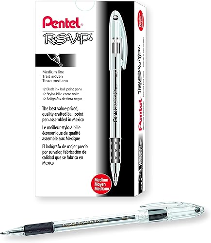 Pentel R.S.V.P. Bolígrafo, trazo medio, tinta azul, paquete de dos unidades (BK91BP2C), Negro
