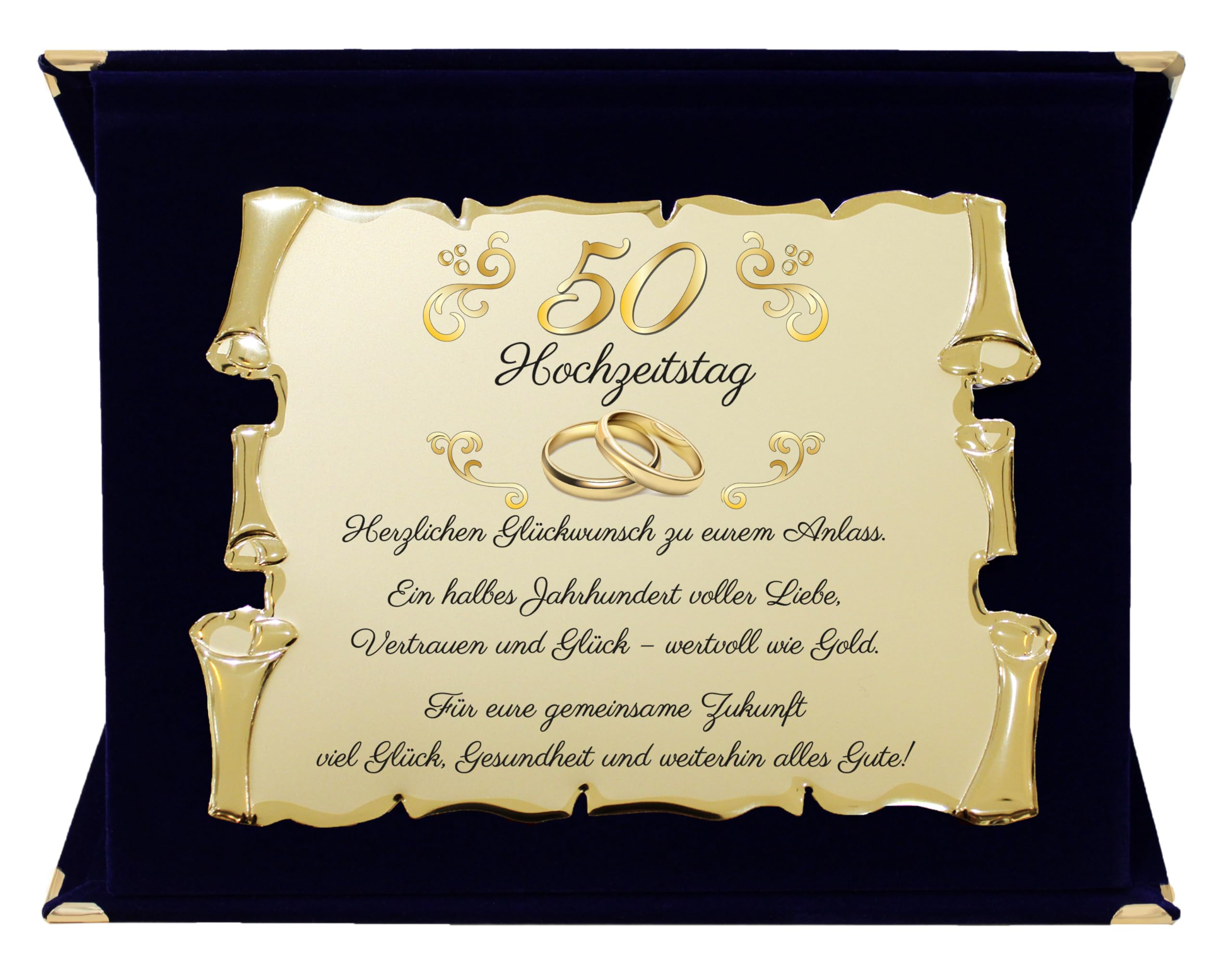 50e anniversaire de mariage - Noces d'or pour parents, grands-parents et amis - Élégant tableau parchemin doré avec boîte en velours - Idée cadeau spéciale pour anniversaire de mariage (bleu, 50 ans)