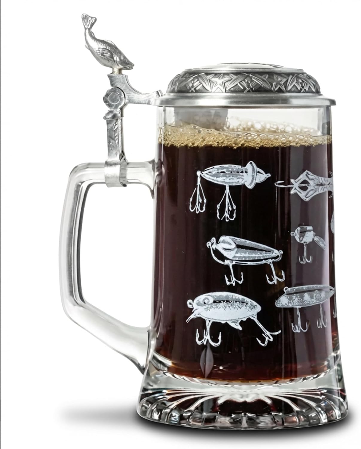 Artisan Owl Fishing Lures Glass Beer Stein with Metal Lid and Thumb Lift