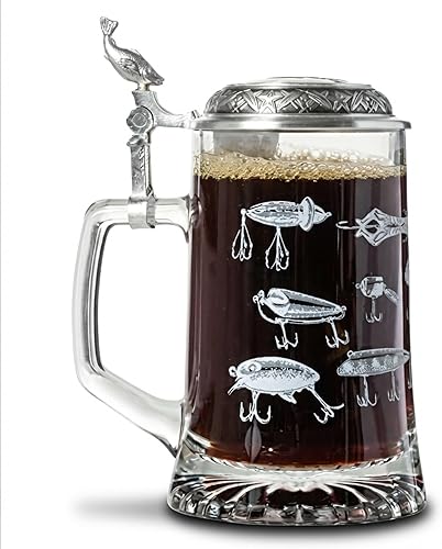Artisan Owl Fishing Lures Glass Beer Stein with Metal Lid and Thumb Lift