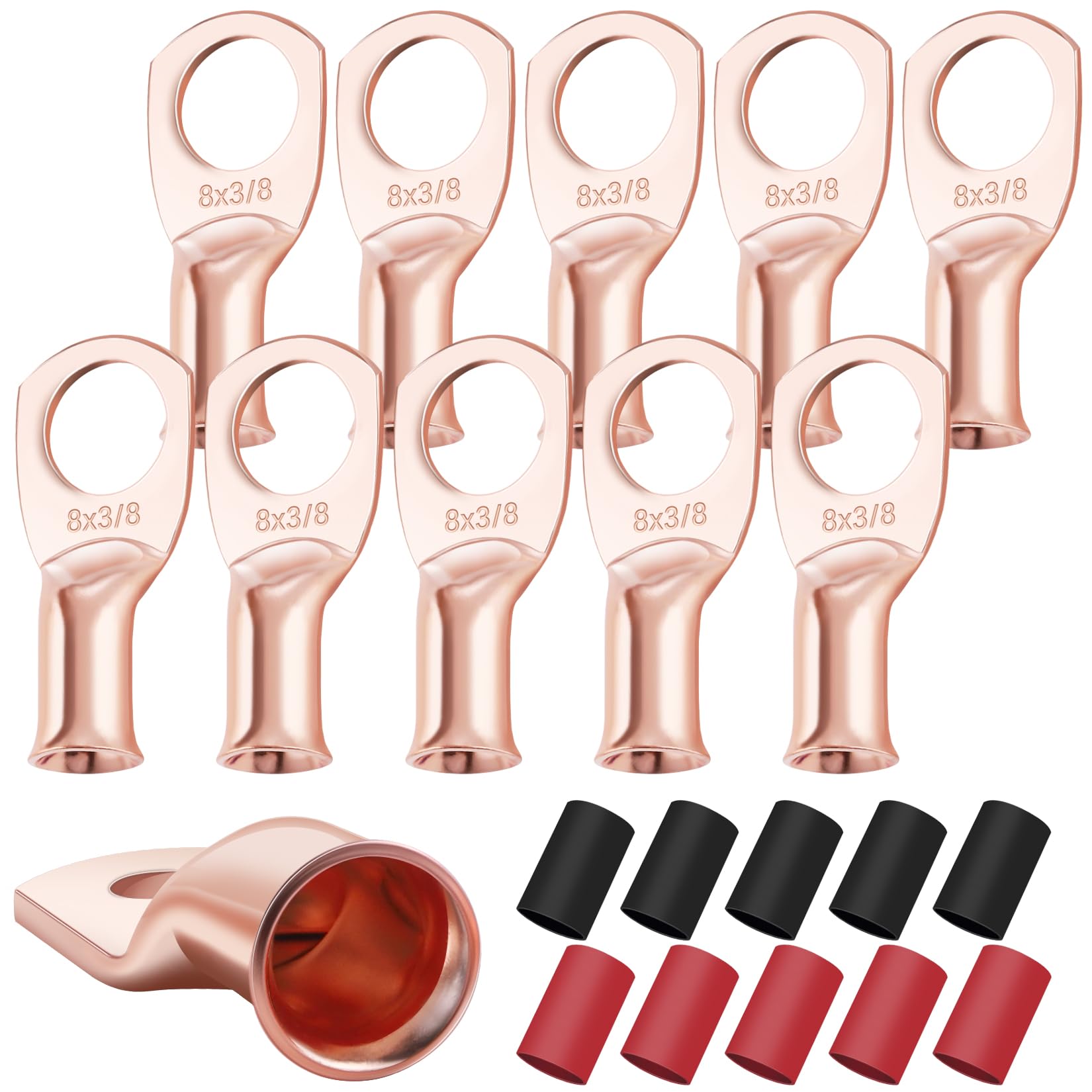 XHF 10PCS 8 AWG-3/8 Heavy Duty Battery Lugs with 3:1 Heat Shrink Tubing, Ring Terminals Battery Cable Ends Copper Eyelets Electrical Battery Connectors