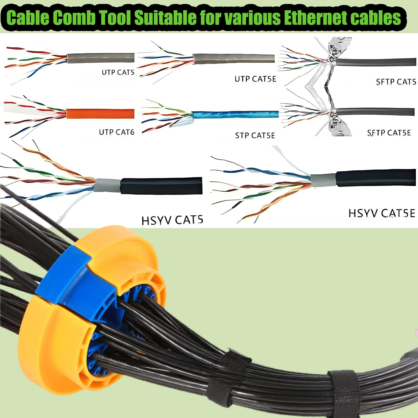 Peine de cables, peine de alambre, herramientas de gestión de cables de red, herramientas de red para clasificar cables, (amarillo, azul y amarillo azul), 2 herramientas de organización de cables y