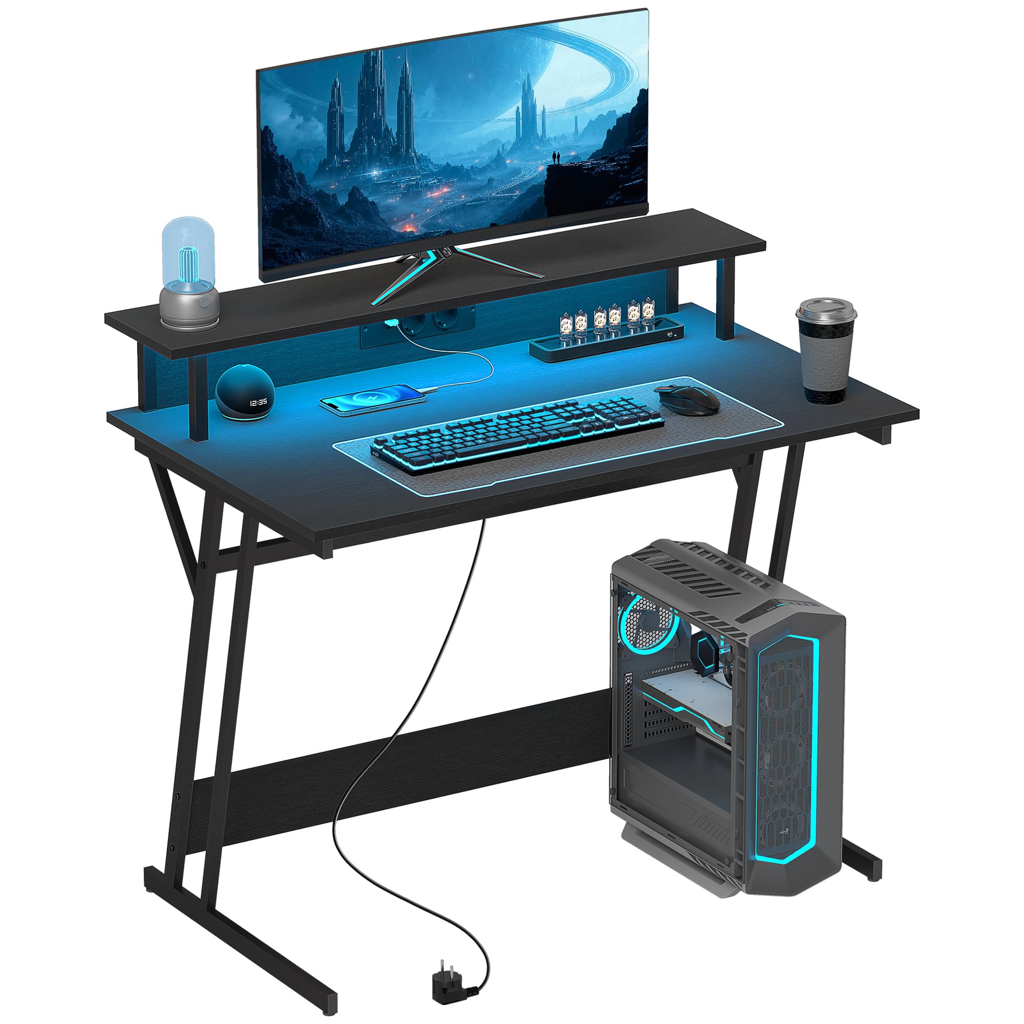 HOMCOM Mesa Gaming con Luces LED y Tomas de Corriente, 100x60 cm, Escritorio Gaming, Mesa Gamer con Soporte para Monitor, Estantes y Control Remoto, para Oficina, Estudio, Negro