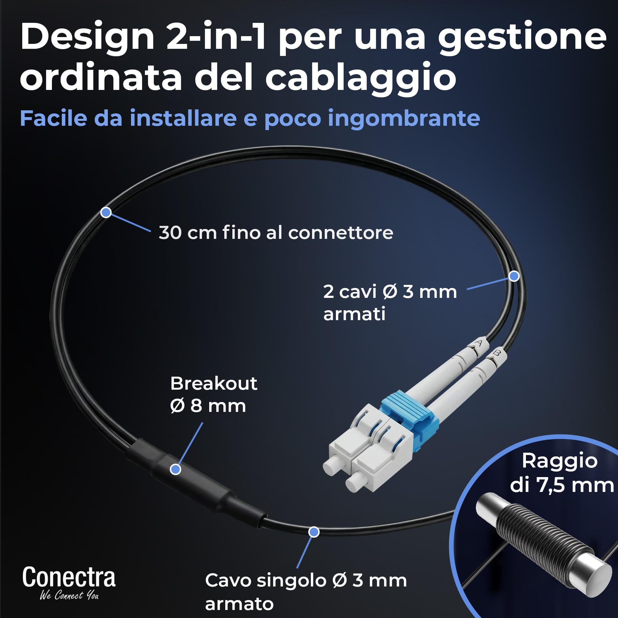 200m Cavo Fibra Ottica Armato OS2 Duplex Breakout LC/UPC, Bretella Ottica Monomodale G657A2 9/125µm, LSZH Interno/Esterno, Prolunga Fibra Cavo Corazzato Patch Rete Industria ⌀3mm Nero