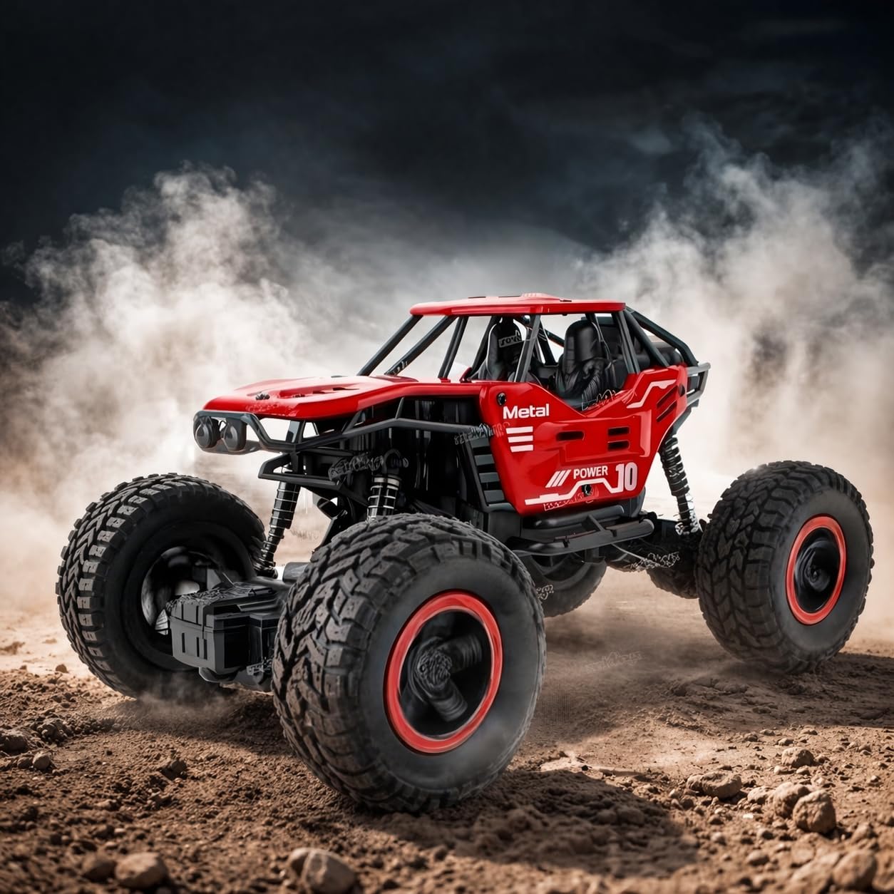 JOYMAX 4WD Remote Control Off-Road Rock Crawler Car with Realistic Smoke Effect, 2.4GHz Long Range Control, Rechargeable Battery Powered RC Truck, Durable All-Terrain Climbing Toy for Kids (Red)-image-2