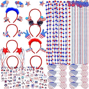 WODMAZ 134 Pcs Patriotic Party Favors, Fourth of July Accessories of Headbands Star Bead Necklaces Glasses Tattoo Stickers for 4th of July Independence Day Memorial Day