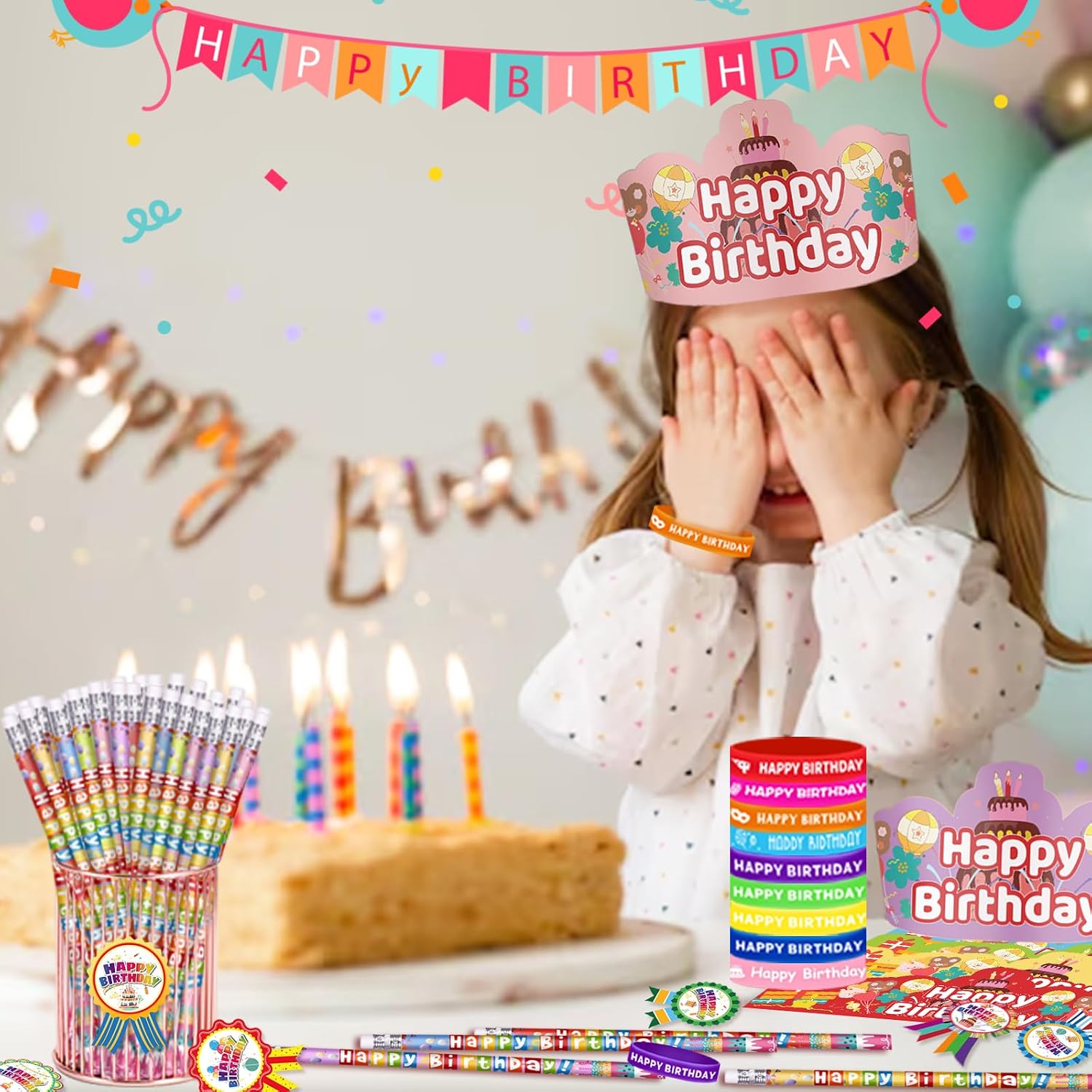 144 Pcs Classroom Birthday Gifts 36 Happy Birthdays Pencils 36 Rubber Bracelets 36 Badge Stickers 36 Birthday Crowns for Kids Classroom image 5