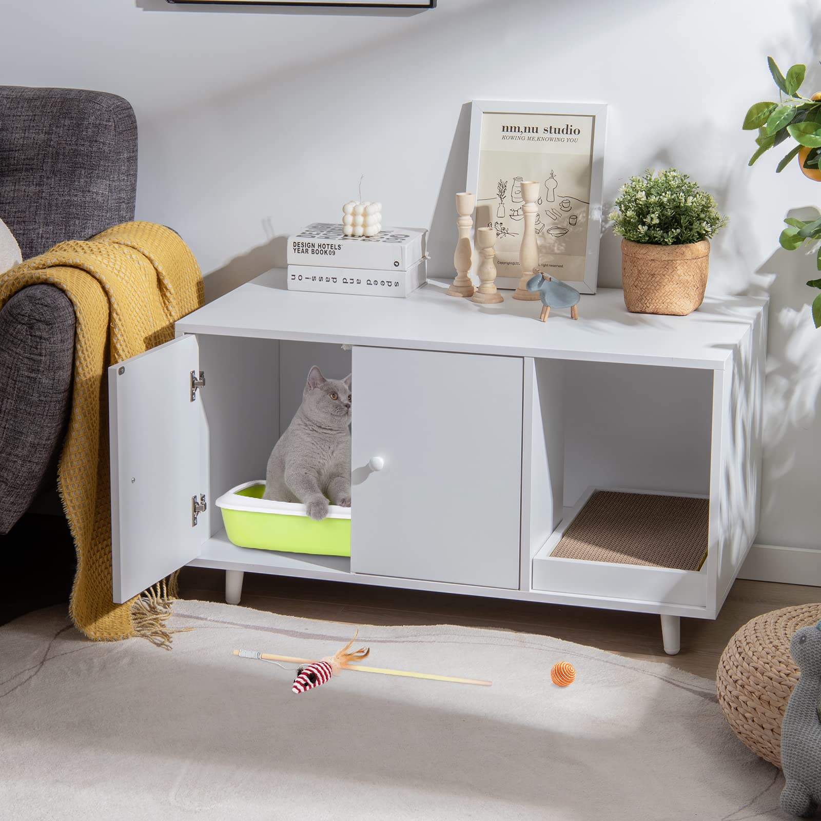 COSTWAY 3 en 1 Casa para Gatos con Rascador Extraíble, Mesa de Centro Auxiliar de Madera, Cueva para Gatos con 2 Puertas, Mueble Arenero de 90 x 50 x 50 cm (Blanco)