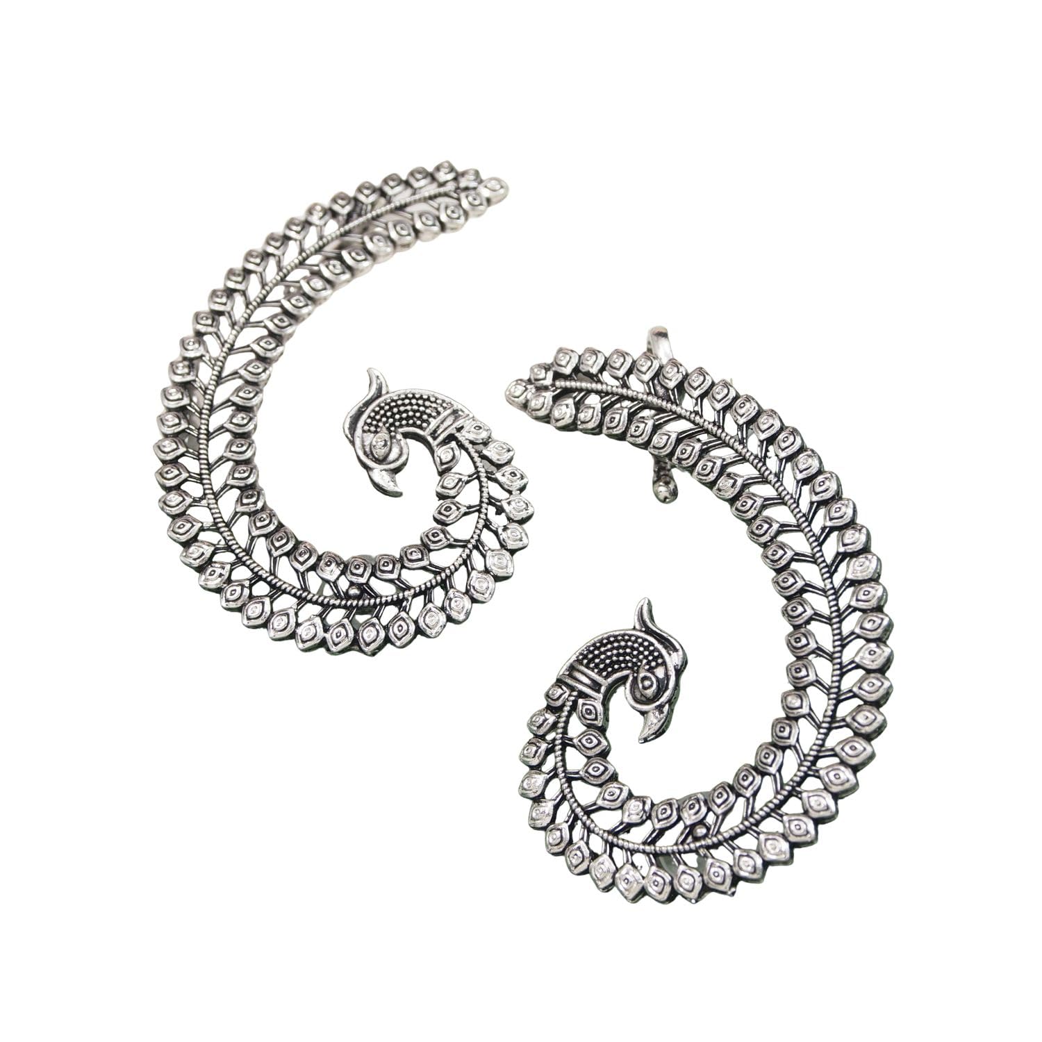 i jewels Navratri Silver Oxidised Traditional Peacock Design Ear Cuffs Earrings for Women (E3396OX)-picture-11