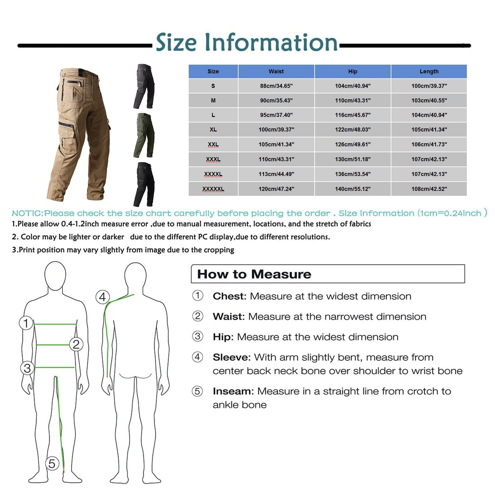 Pantalon de travail cargo tactique pour homme avec poches zippées - Grande taille - Mélange de coton durable - Pantalon multi-poches pour l'extérieur, la randonnée, le camping