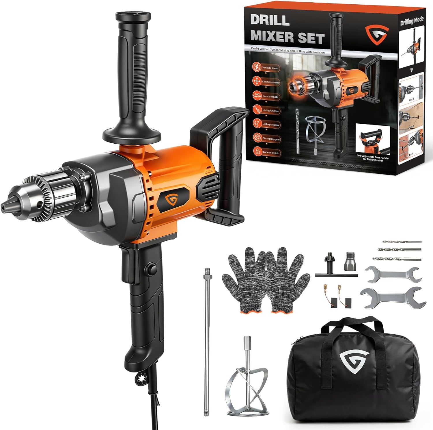 Drill Mixer Set, 20 Amp Corded Mixing Drill with 5/8" All-Metal Chuck, 1100 RPM Heavy Duty Concrete Mud Mixer with 360° Adjustable D-Handle for Cement Mortar Paint Grout Plaster Thinset