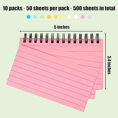 Miniatura 9 de Koogel 500 tarjetas de índice multicolor, tarjetas flash rayadas con doble tapa, papel de notas de revisión de registro con espiral de 5 x 3