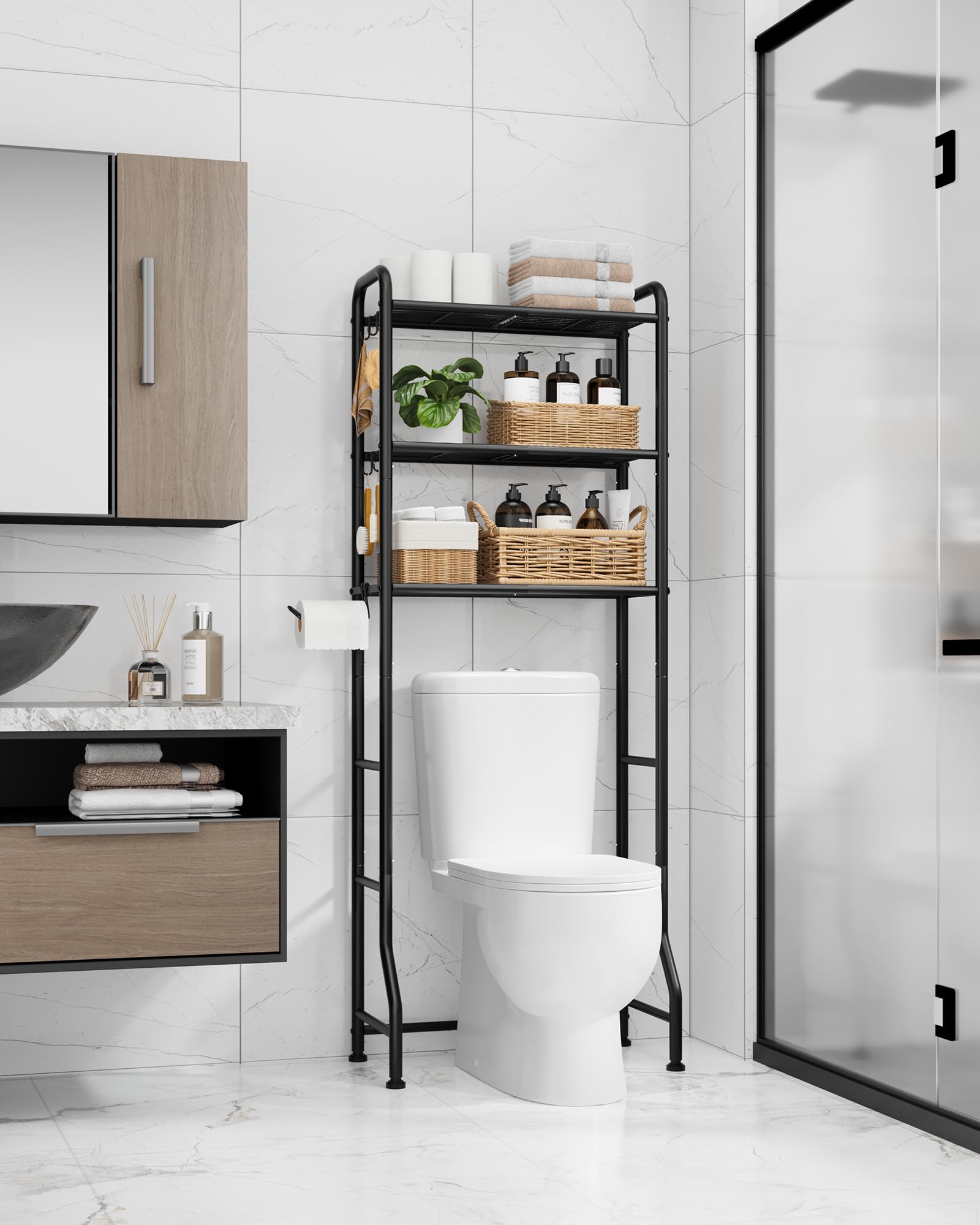 kitsure over toilet storage rack - metal over toilet bathroom organizer shelf, over the toilet storage cabinet with paper holder and hooks, bathroom cabinet for laundry, black, 3 tiers (63.2" h)