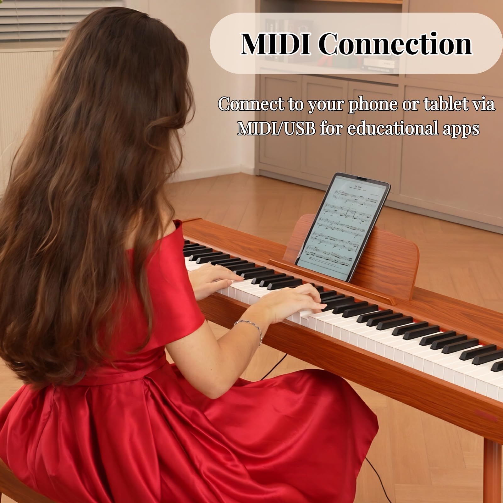 88 Key Digital Piano Keyboard with Stand & Sustain Pedal, Full-Size Semi Weighted Electric Piano for Beginners/Learners, Home Professional Piano with Headphone Jack, MIDI Connectivity, Brown