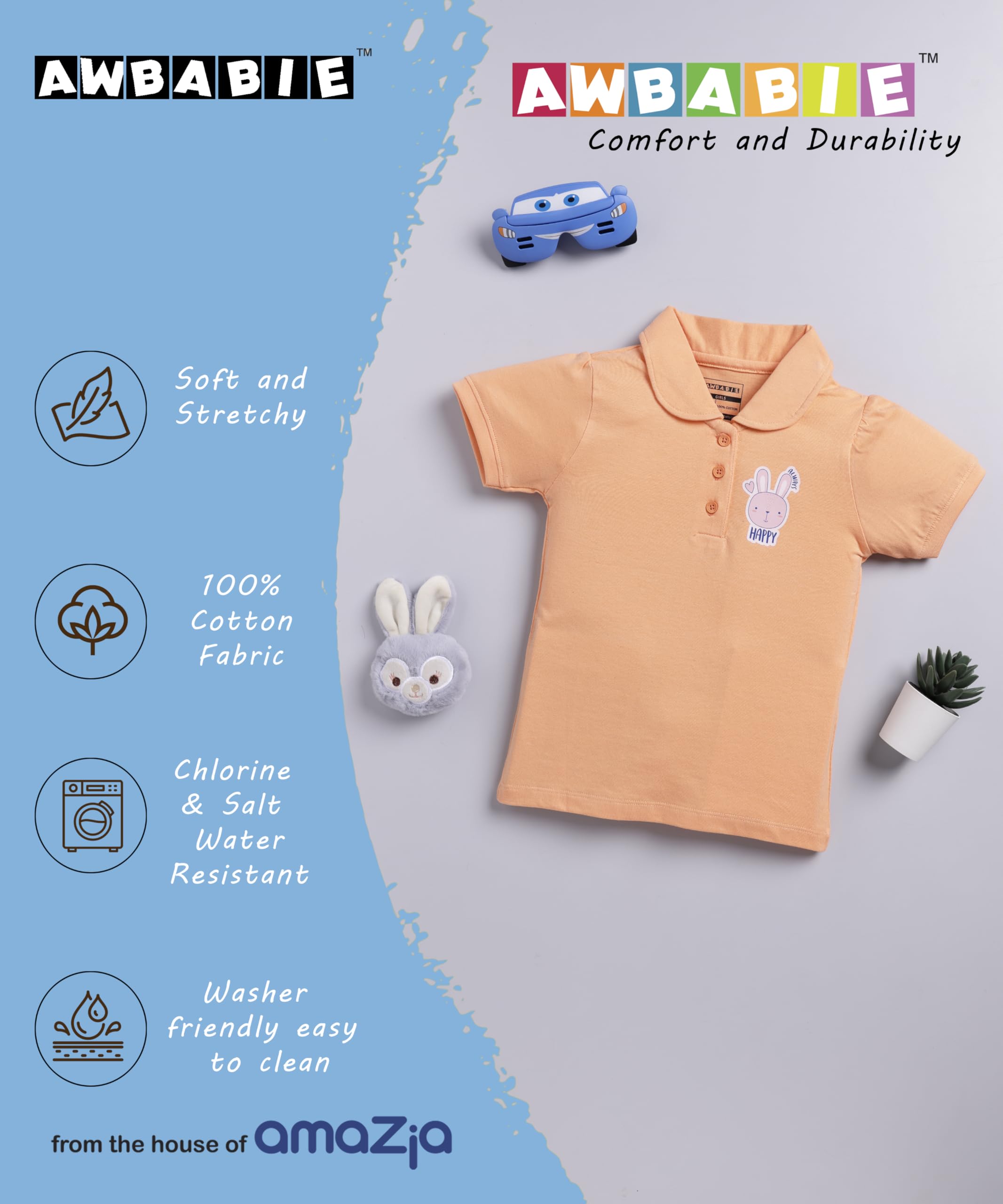 Awbabie Toddler Girls’ Polo T-Shirt | 100% Cotton | 180 GSM | Soft & Breathable | Elastic Armholes | Front Button Placket | Stylish & Comfortable (Tangerine, 2-3 Years) - Image 5 thumbnail
