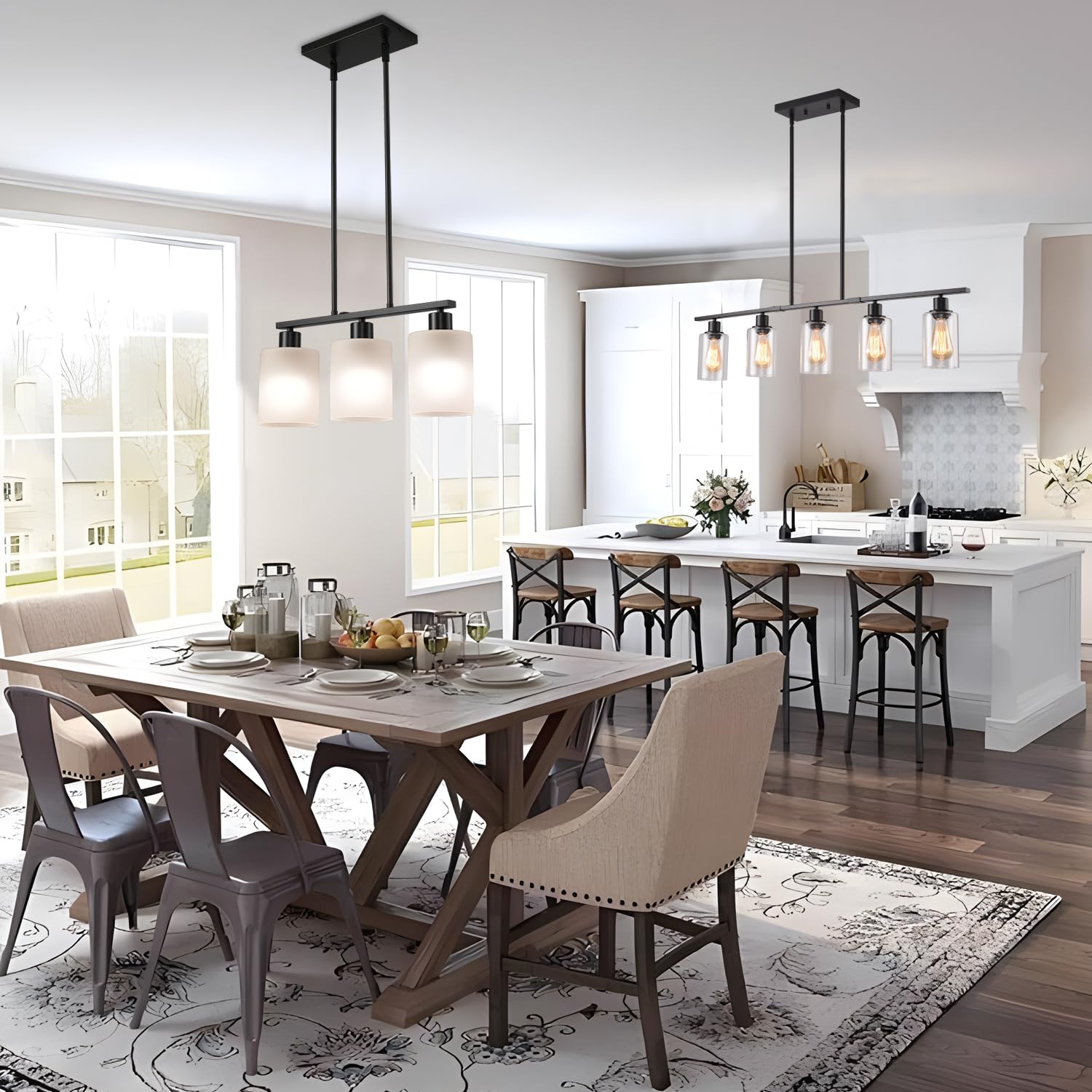 AOJUNSANSAN 3-Light Kitchen Island Pendant Light – Frosted Glass, Black Metal Linear Chandelier, Height Adjustable For Dining Room & Foyer