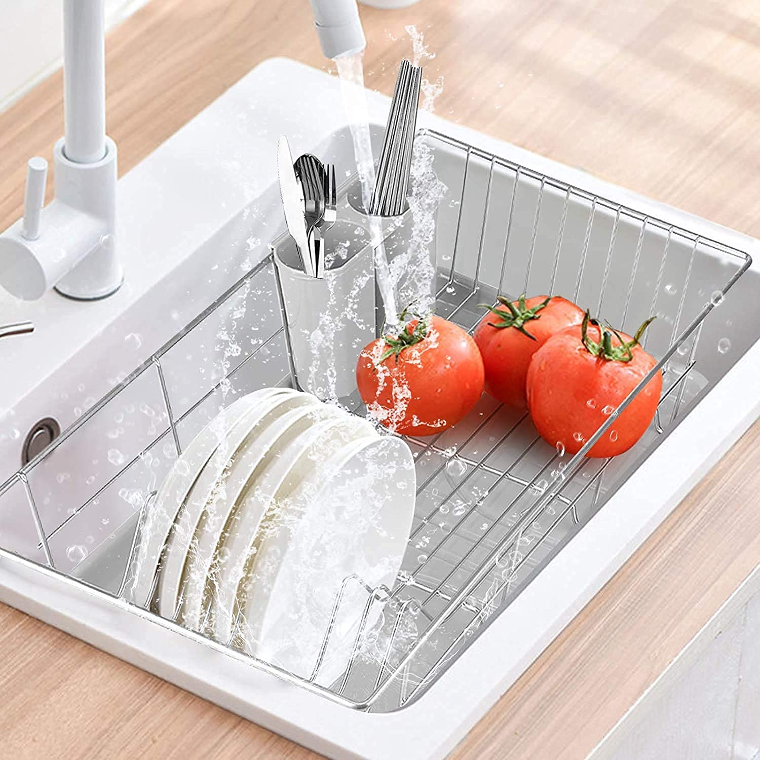 Greensen Escurridor de Platos de Acero Inoxidable, Bandeja de Escurrimiento para Cocina con Cesta para Cubiertos, Multifuncional, Resistente y Fácil de Limpiar 48 x 30 x 11 cm