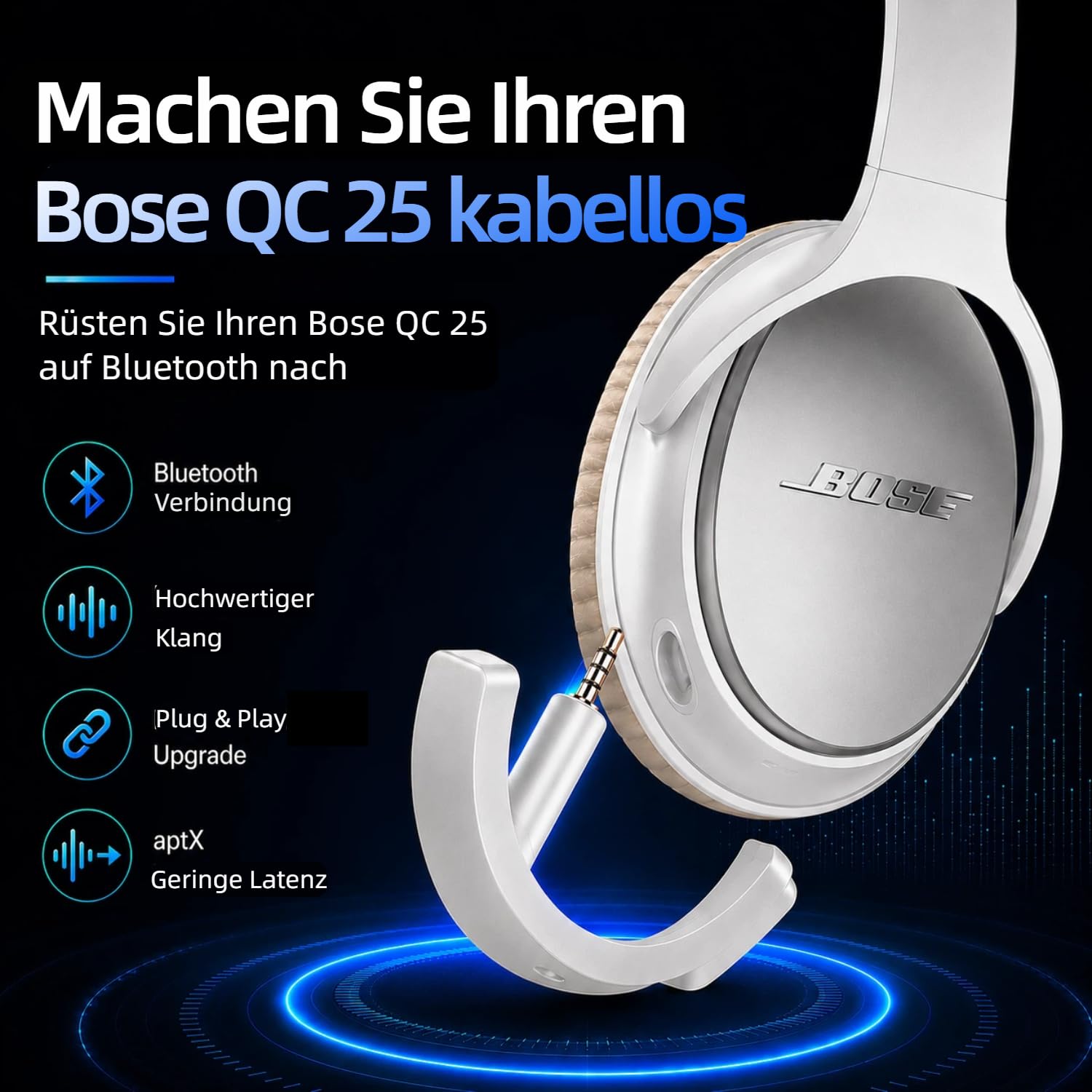 aptX - Adaptador Bluetooth inalámbrico para Bose QuietComfort 25, color blanco | Añade audio Bluetooth a los auriculares Bose QC25, con soporte AptX, micrófono integrado y controles de volumen