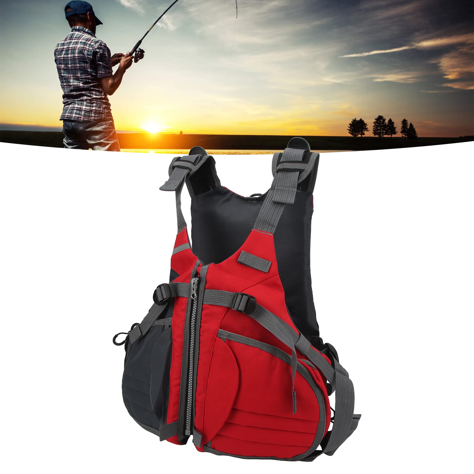 Gilet de Pêche Réglable Léger en Polyester pour Hommes et Femmes, Conception Multi-poches Rouge