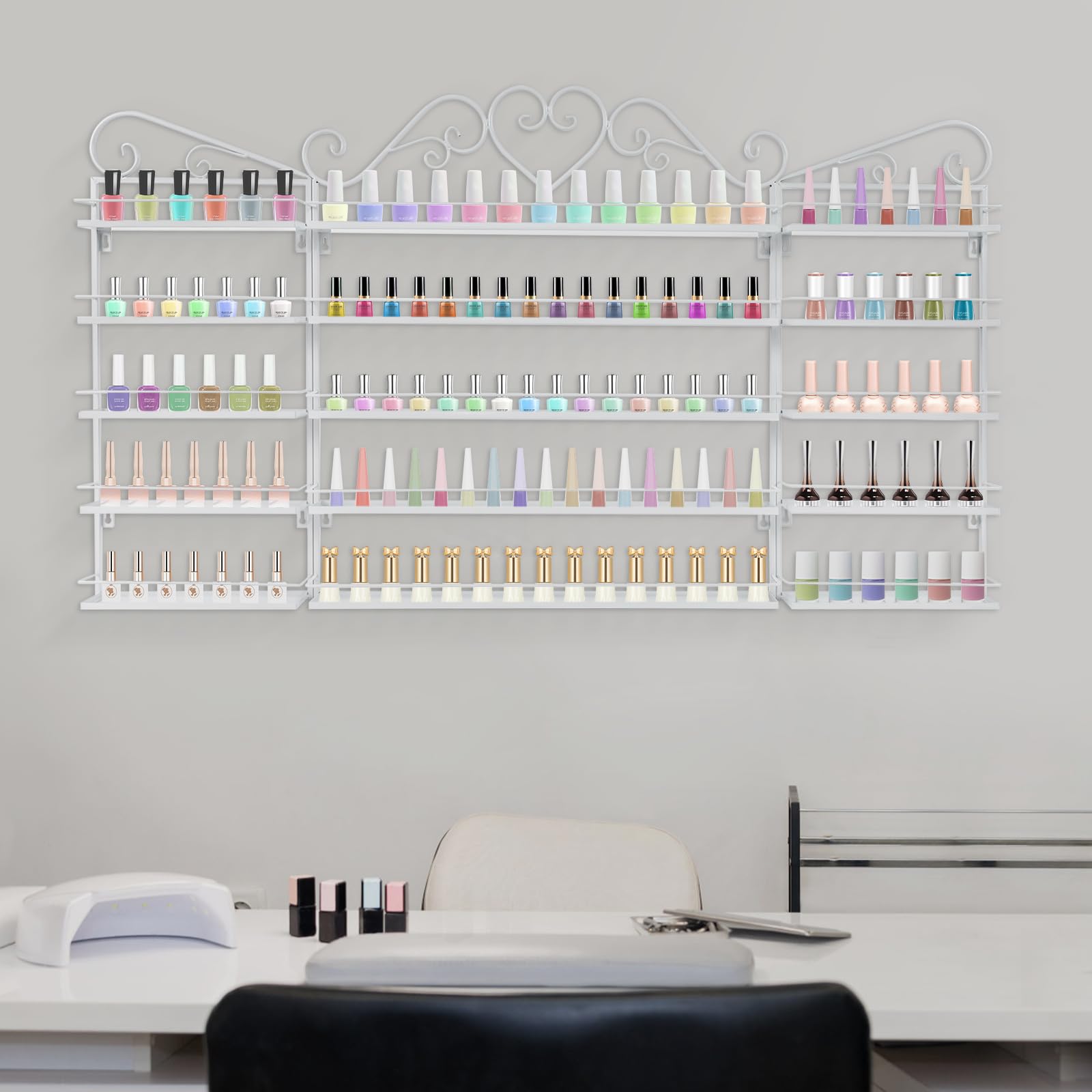 Étagère murale à 5 niveaux en métal à 3 niveaux pour vernis à ongles, avec bandes de protection, organiseur de coiffeuse pour rouges à lèvres, parfums, pour salon de manucure, chambre à coucher