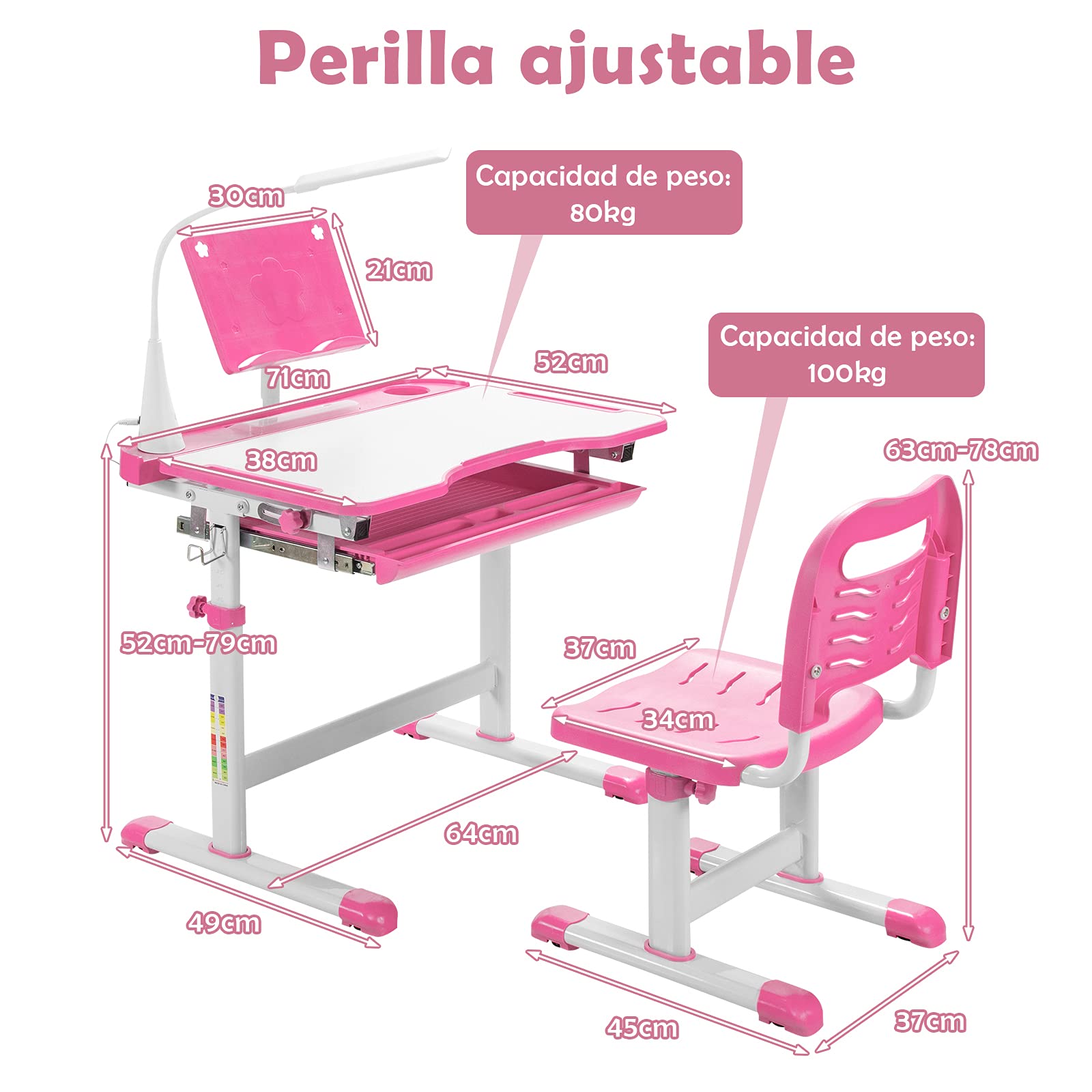 COSTWAY Set Escritorio y Silla para Niños +6 Años, Pupitres Infantil Altura Ajustable y Reclinable, Escritorio Infantil con Luz LED, Atril para Libros, Portalápices, 64X49X52-79cm Rosa