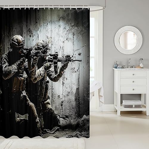 Miniatura 2 de Cortinas de ducha de soldado para baño, para niños, adolescentes, bajo misión, rifle militar, ametralladora, cortina de ducha de tela impermeable