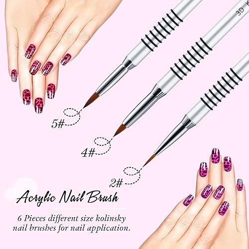 Miniatura 2 de Juego de 6 pinceles de uñas acrílicas 3D para arte de uñas 3D, pincel acrílico Kolinsky, juego de pinceles de pintura de metal plateado para