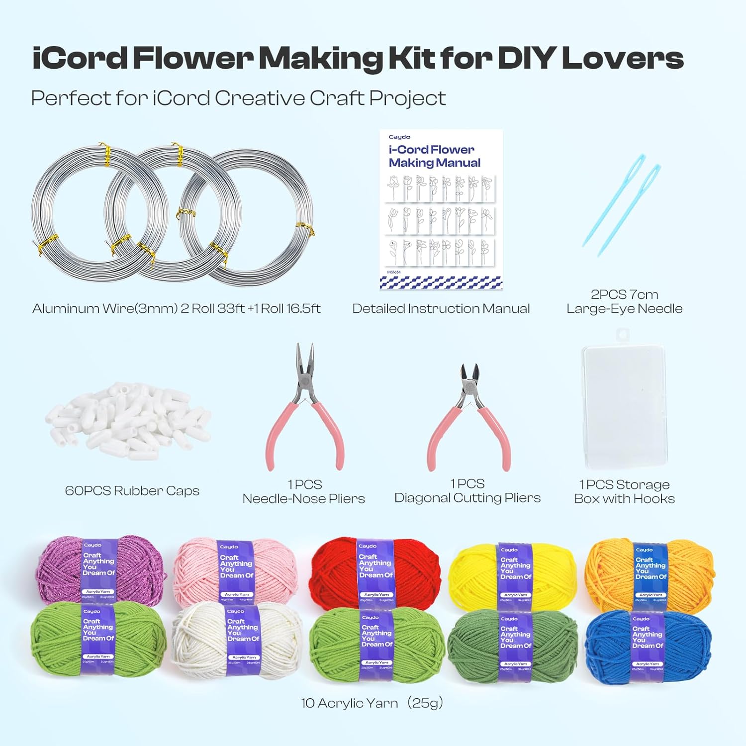 Caydo i Cord Flower Making Kit with 20 Flowers & 4 Leaves Templates, 10pcs Yarn and 82ft Craft Wire Kits for Beginner, DIY Florals Handicraft Making Kit, Learn to Knitting iCord with i Cord Maker Tool