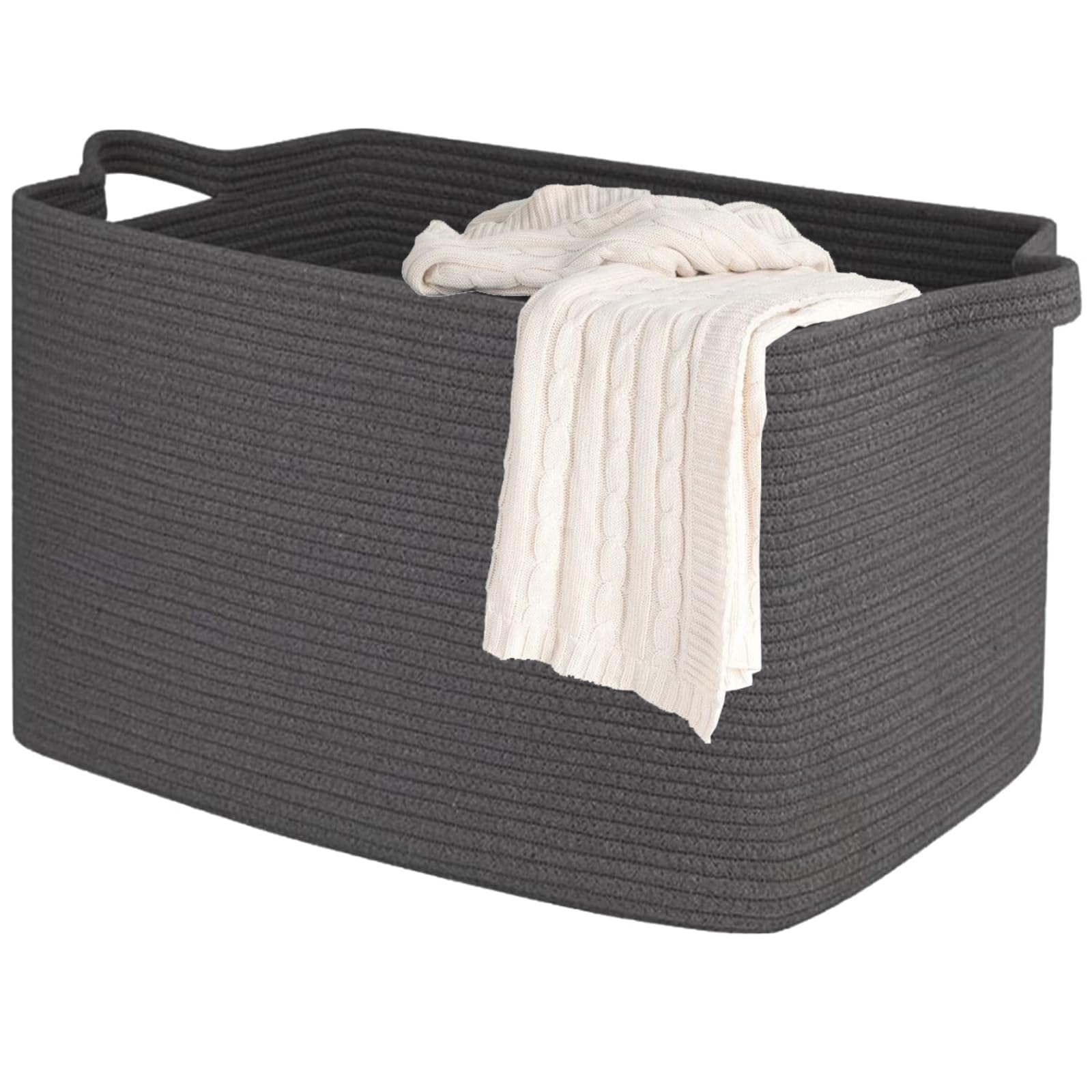 Cesto portaoggetti in corda di cotone, quadrato (84L, Grigio scuro), cesto portaoggetti per bambini con manici, grande cesto pieghevole per biancheria in corda di cotone per bagno e