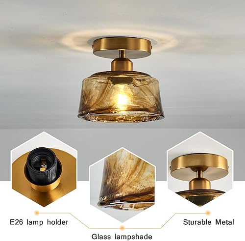 Miniatura 7 de CVKASH Lámpara de techo de latón de montaje semiempotrado, pequeña y moderna lámpara de cristal ámbar dorado para casa de campo, iluminación de